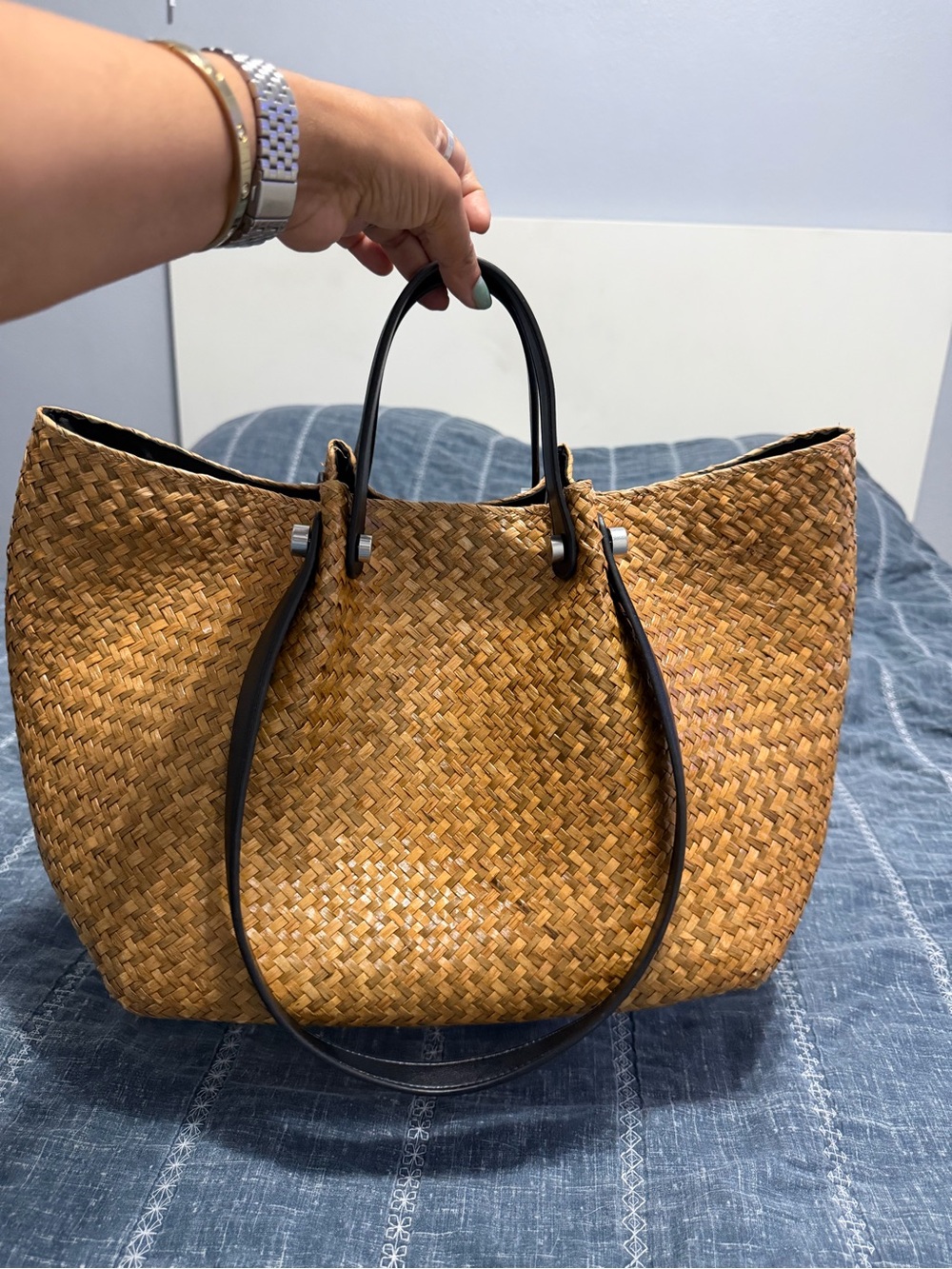 All Saints Arlington Woven Straw Tote in Tan with Black Trim